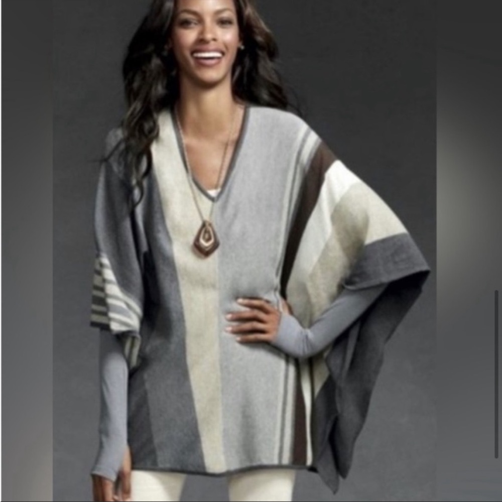 CABI Women’s Taupe & Grey Colorblock Oversized Batwing Poncho Shawl Sweater Sz S